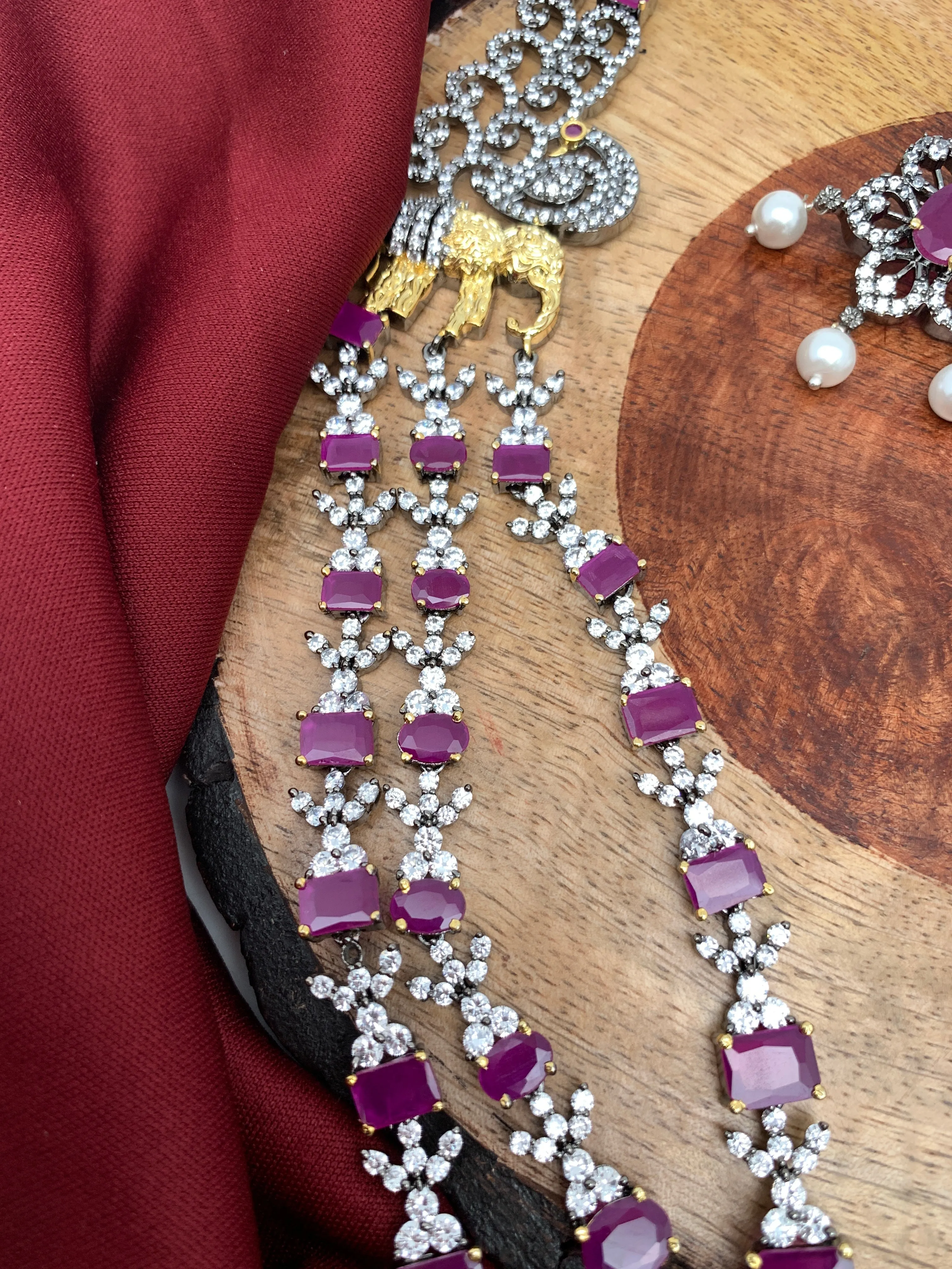 Ruby Red 3 Layer Teen Lada Long Necklace in Victorian Polish