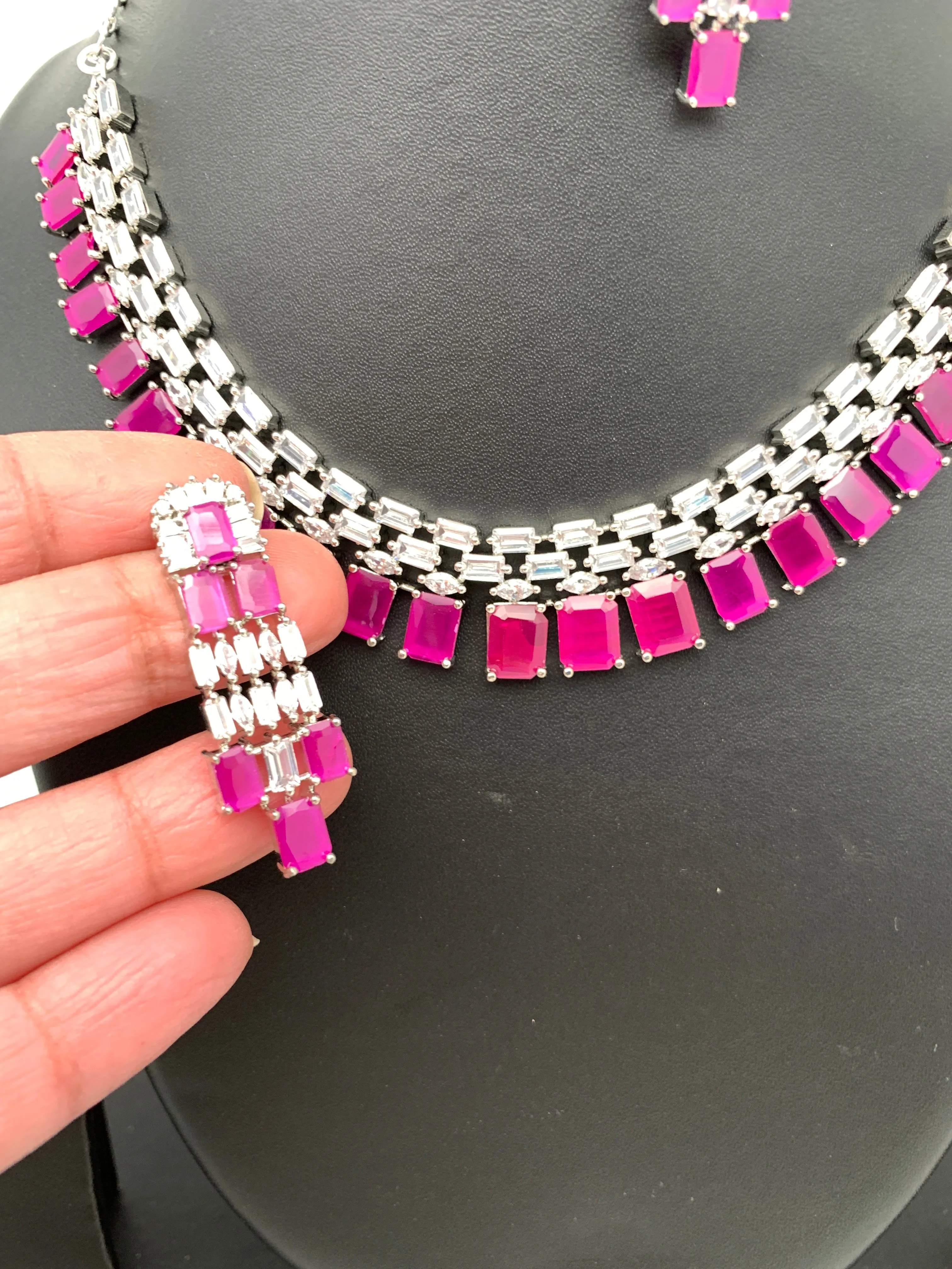 Ruby Red Baguette Stone AD Silver Polish Neckline Short Necklace