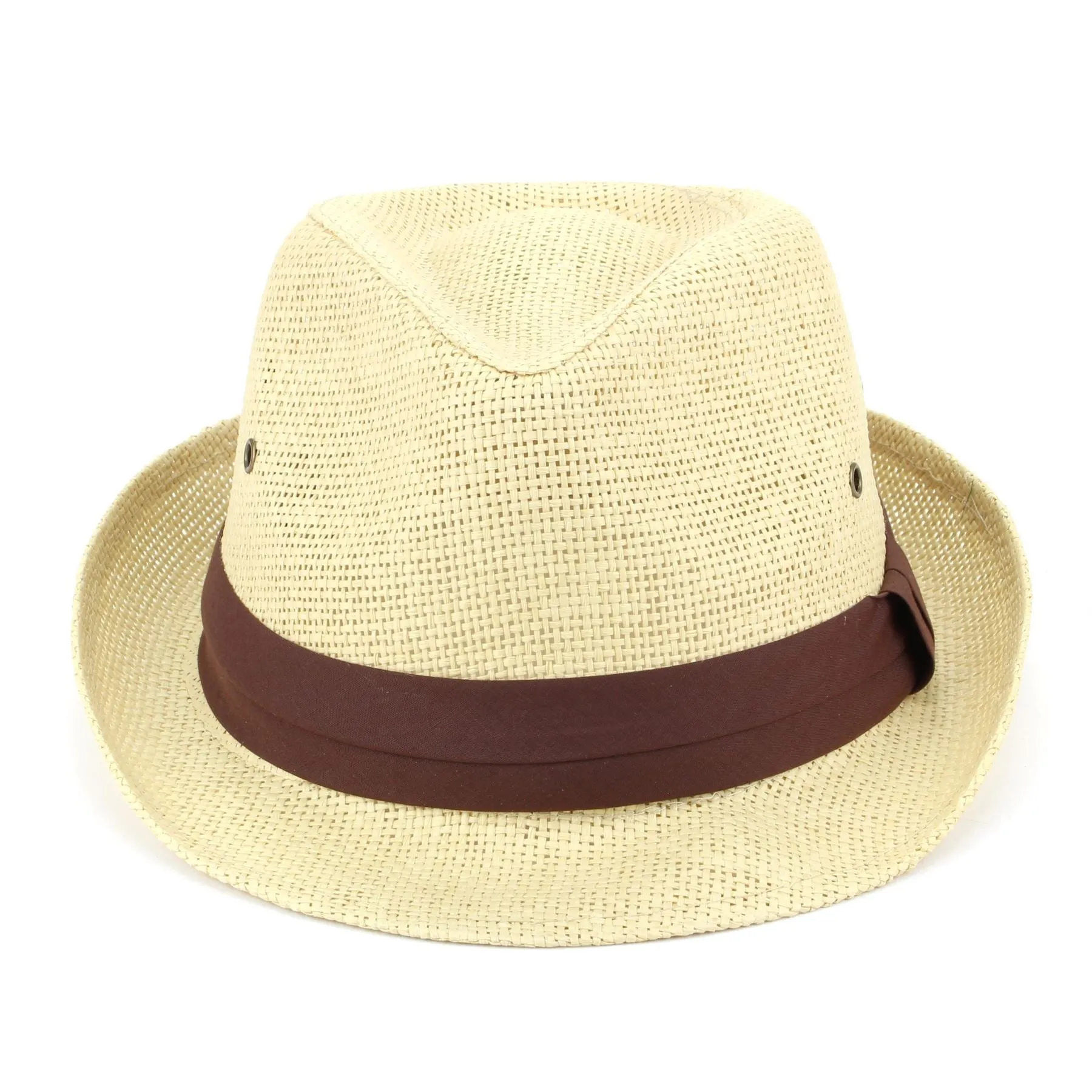Straw Trilby Fedora Hat with Ventilation and Ribbon - Brown