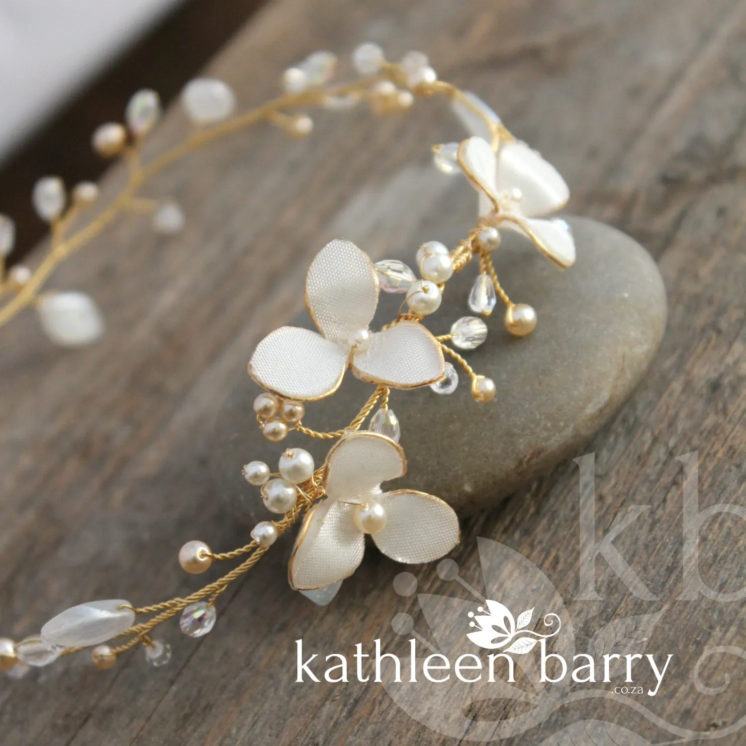 Tracy crystal pearl headband, delicate sculpted fabric flowers and glass leaves - colors available