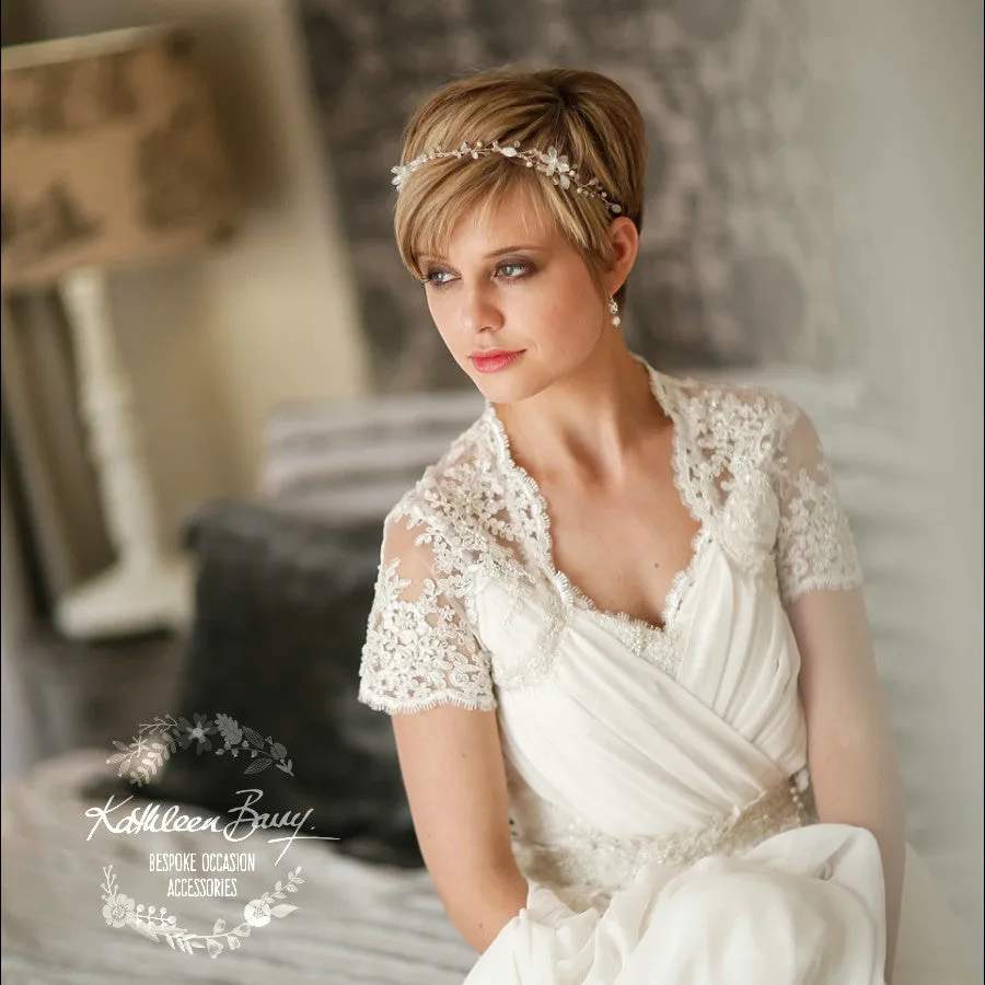 Tracy crystal pearl headband, delicate sculpted fabric flowers and glass leaves - colors available