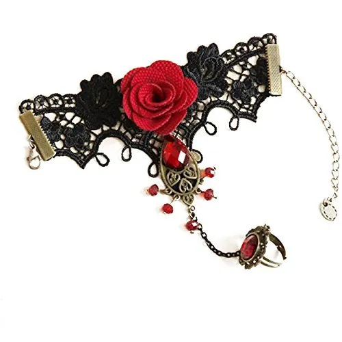 Yellow Chimes Designer Collection Gothic Red Black Rose Lace Hand Harness with Adjustable Finger Ring Charm Bracelet for Women and Girls